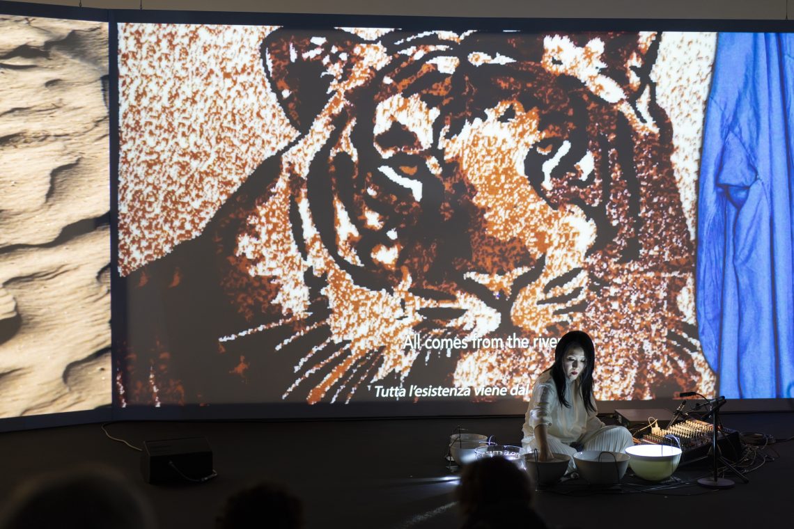 Waterbowls. Sound performance by Tomoko Sauvage, 2025 Courtesy Pirelli HangarBicocca Photo Lorenzo Palmieri