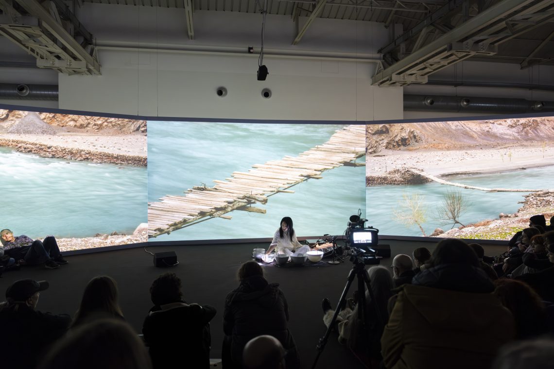 Waterbowls. Sound performance by Tomoko Sauvage, 2025 Courtesy Pirelli HangarBicocca Photo Lorenzo Palmieri