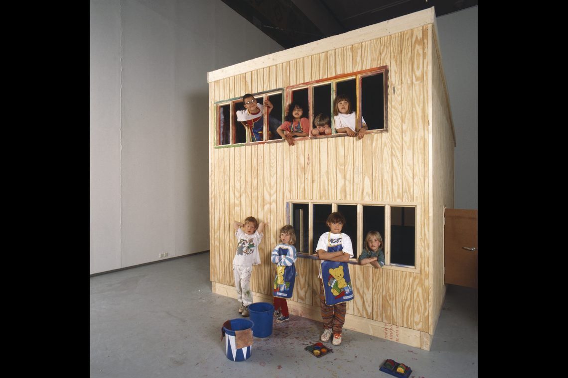 Rirkrit Tiravanija untitled 1995 (half-scale single family home no. 47, with interior decoration by children of the storken day care center, ages 5 to 7), 1995 Installation view, “Nutopi/Nowtopia,” Rooseum, Malmö, 1995 Courtesy the artist and neugerriemschneider, Berlin